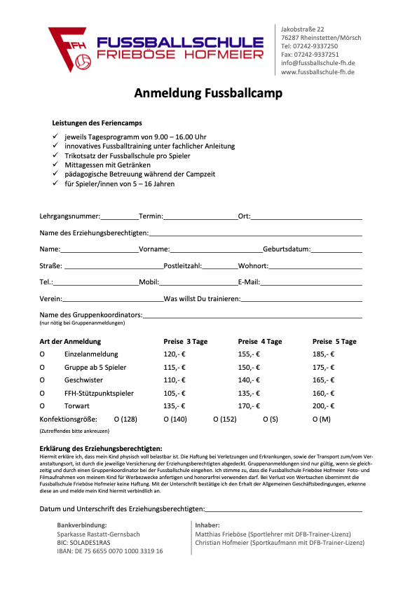 Anmeldung Feriencamp
